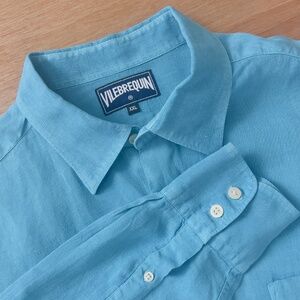 Vilebrequin 100% linen button down shirt men's size XXL aqua teal pockets casual